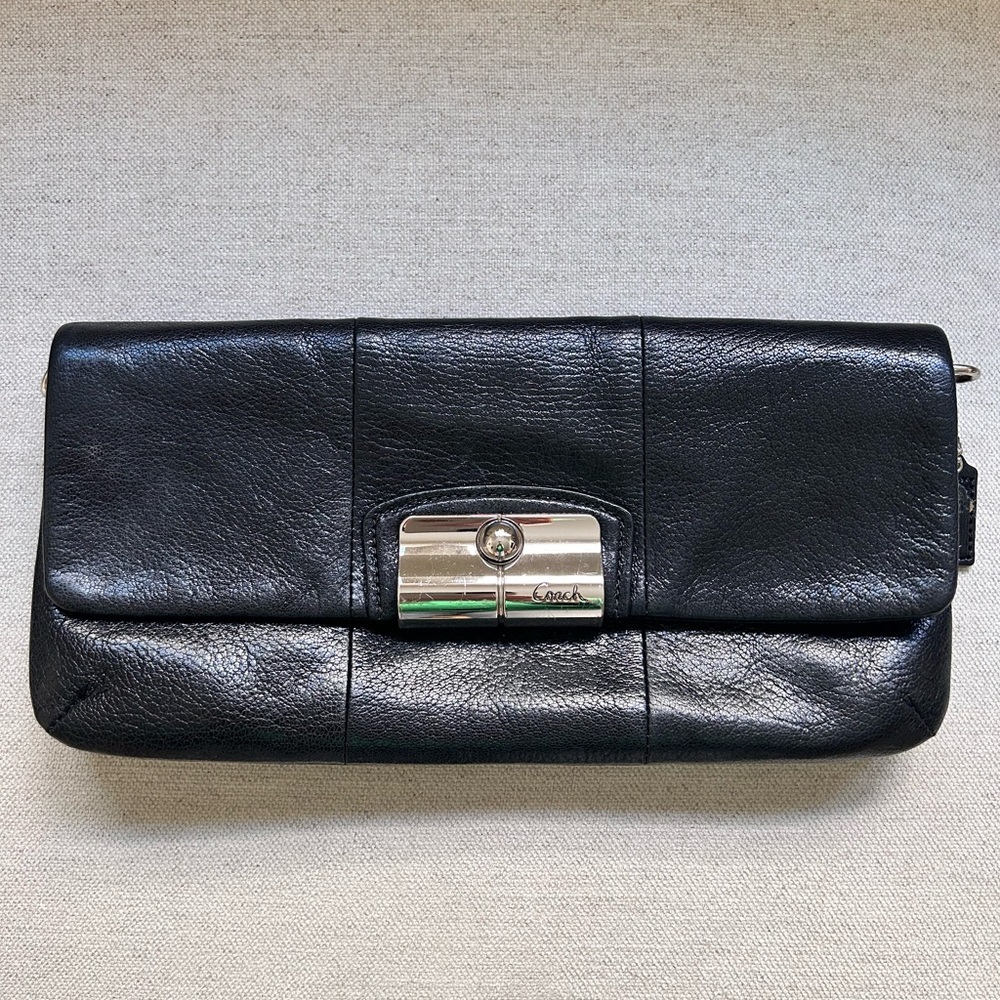 Coach Black Leather Wristlet with Silver Accent